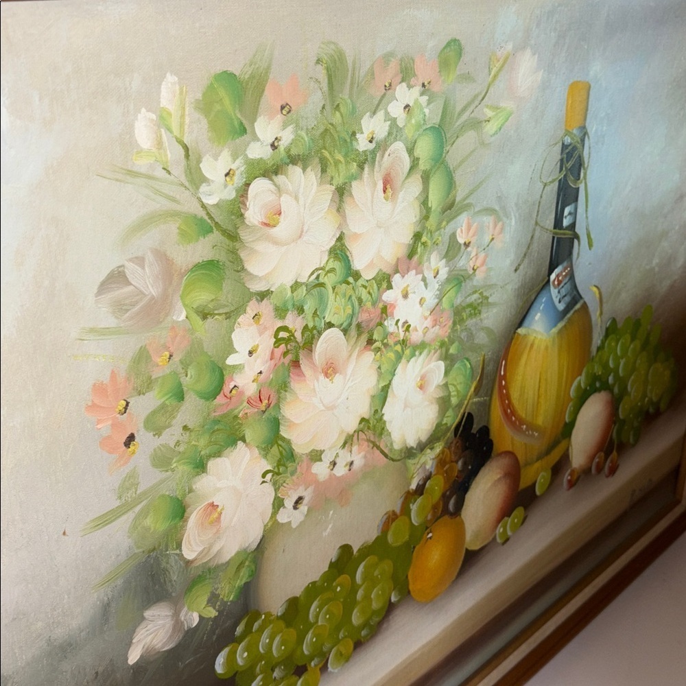 Vintage Floral Wine & Fruit Still Life Painting Gold Wood Frame Original Art - Picture 14 of 17